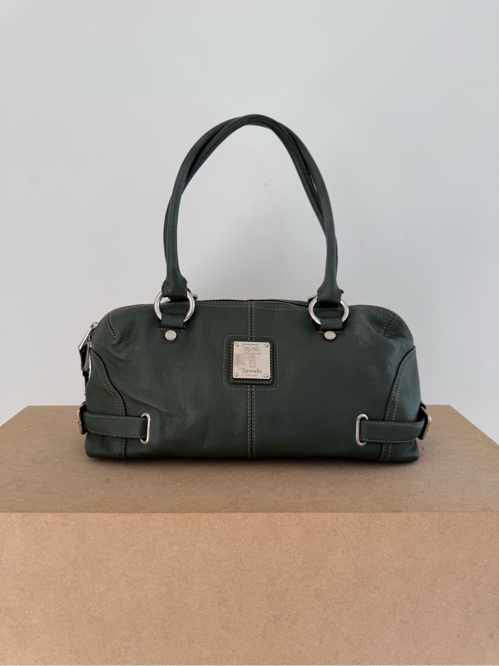 Tignanello Sage Green Pebble Leather Shoulder Bag Satchel Vintage Minimalist